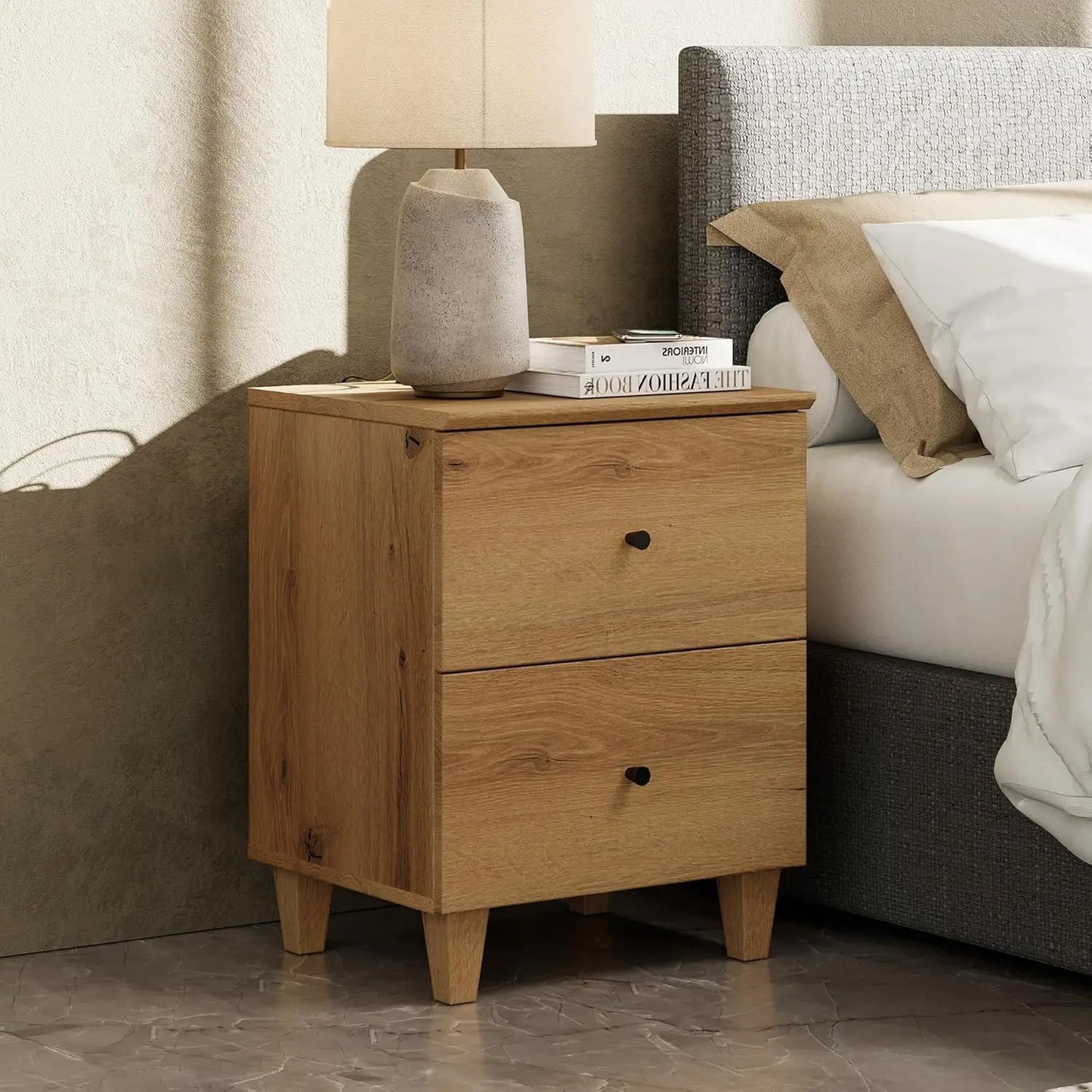 NONED Nightstand With Charging Station And Two Drawers