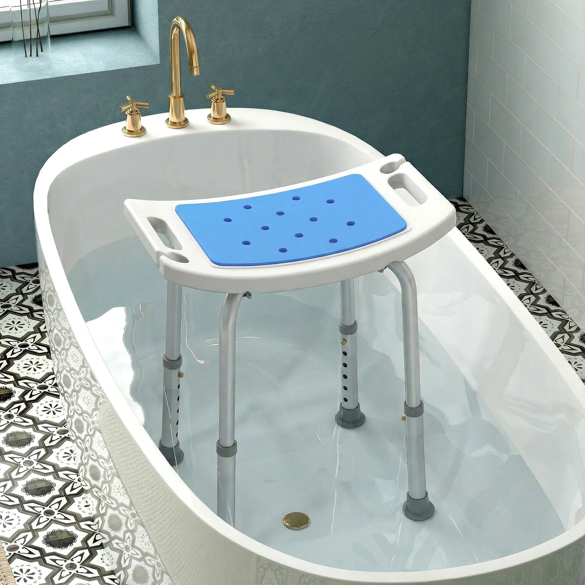 HOMCOM Adjustable Curved Bath Stool With Handles For Shower Safety