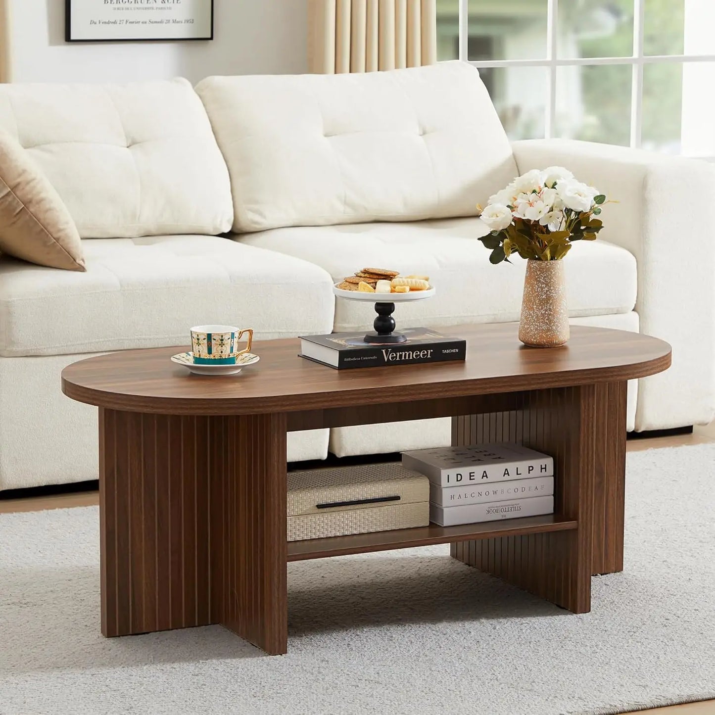 Modern Farmhouse Oval Coffee Table With Storage For Living Room