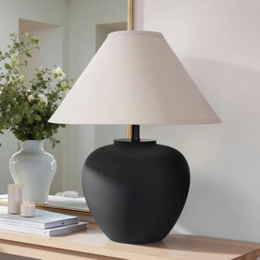 Ceramic Pot Table Lamp With Frosted Shade For Living Room
