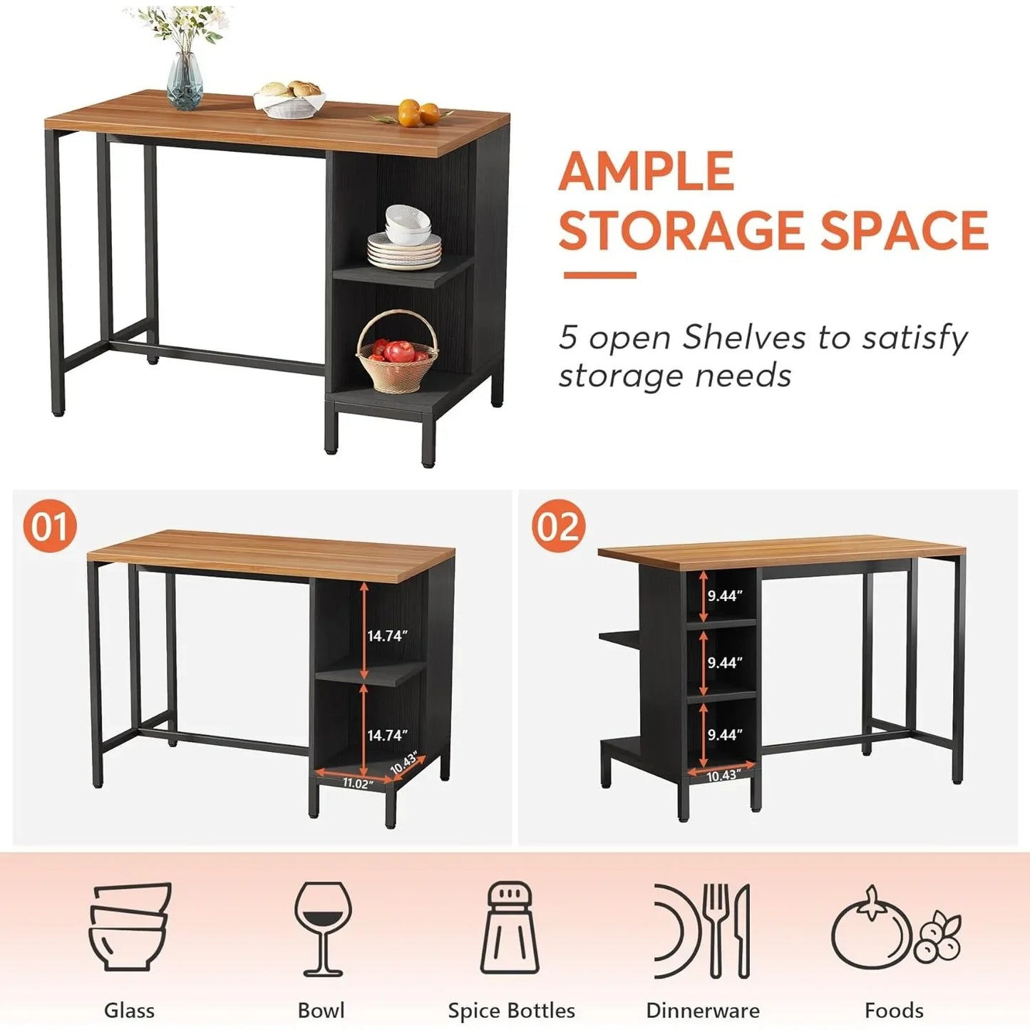 Kitchen Shelf Kitchen Bar Table with 5 Open Storage Shelves and Worktop, Industrial Butcher Block Island (Stools Not Included)