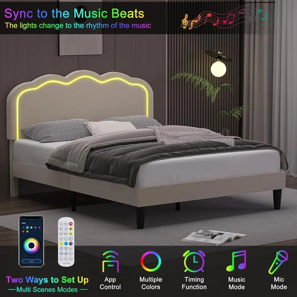 VECELO Upholstered Bed With Adjustable Board LED Lights USB C