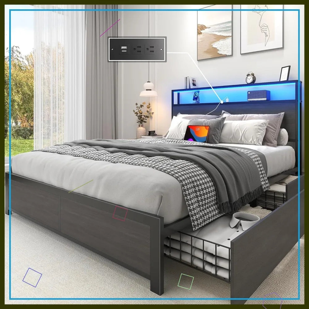 Full Bed Frame With 4 Drawers And Storage Headboard LED