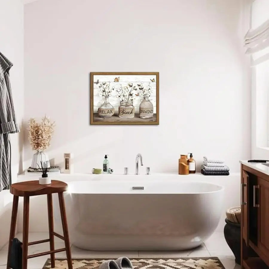 Bathroom Decor Wall Art Framed Rustic Cotton Canvas Sign Artwork