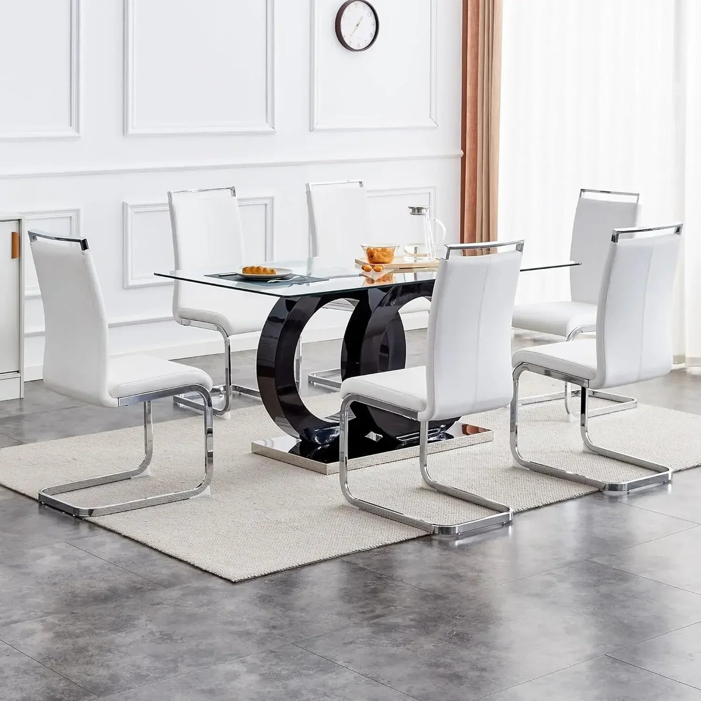 Glass Dining Table Set With Tempered Glass Top PU Chairs