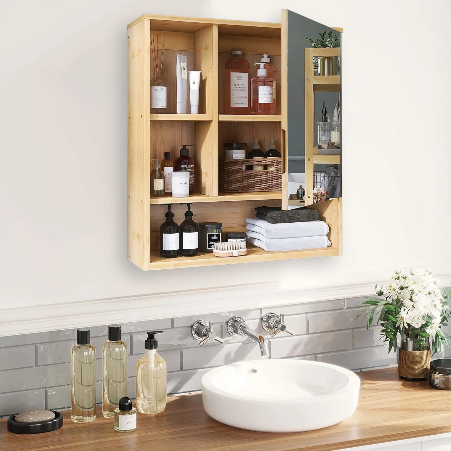Natural Bamboo Wall Cabinet With Five Tier Open Storage