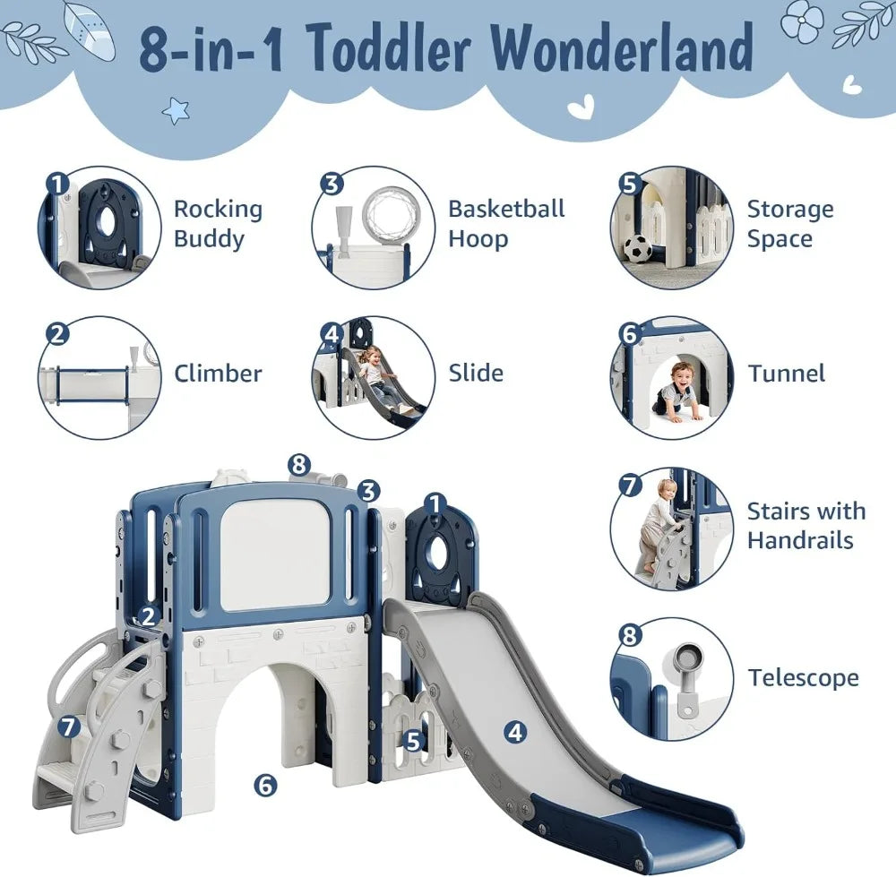 8 In 1 Toddler Activity Playset With Slide Climber Hoop