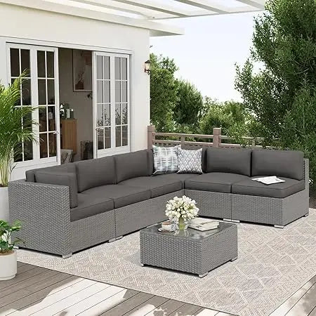 Outdoor 7 Piece Patio Sofa Set Glass Top Table Cushions