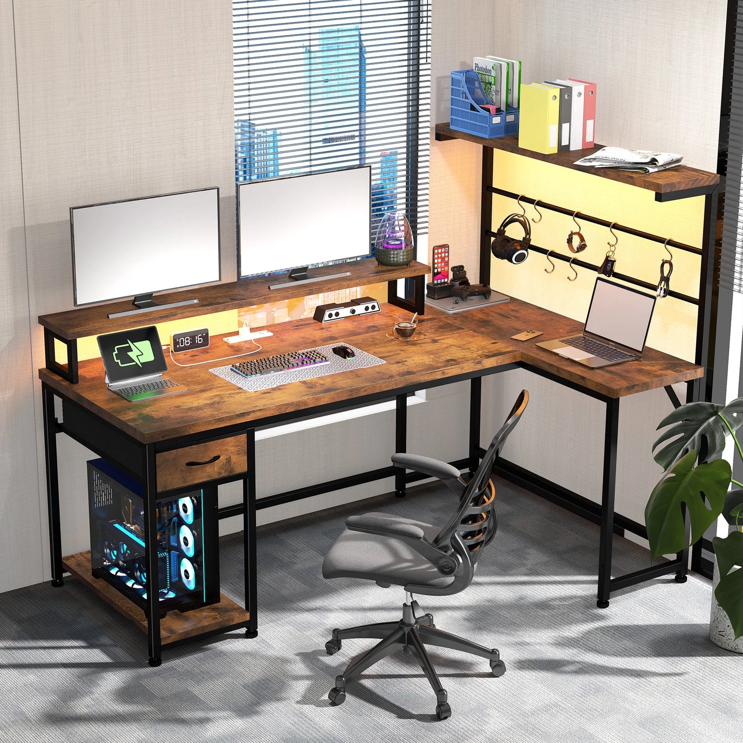 EnHomee 53 Inch L Shaped Gaming Desk With Hutch