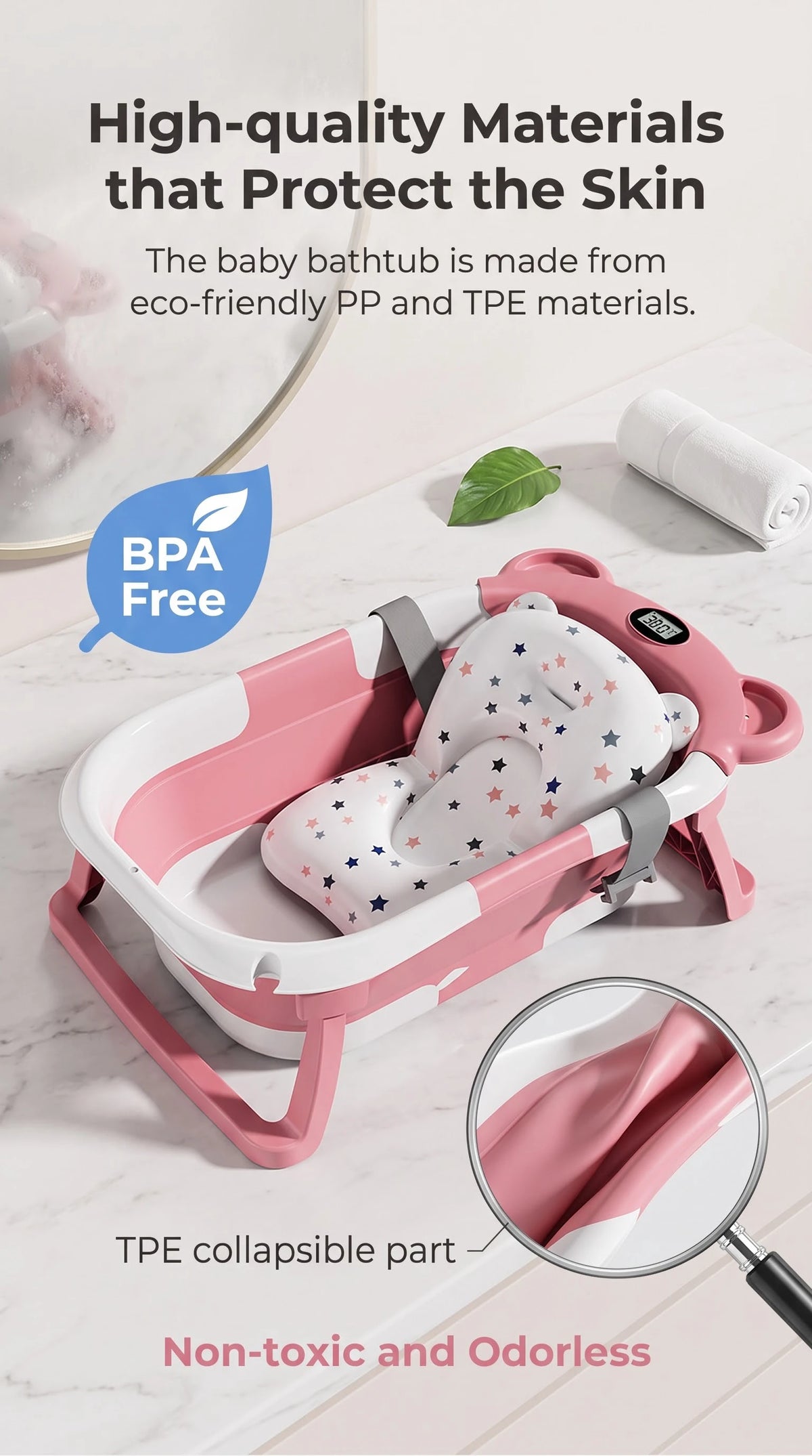 Portable Foldable Baby Bathtub With Thermometer, Cushion And Drain Hole