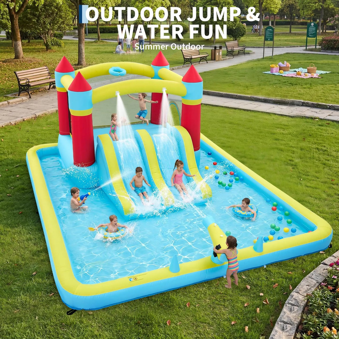HiMISS 7-in-1 Inflatable Bounce House With Slide And Water Park