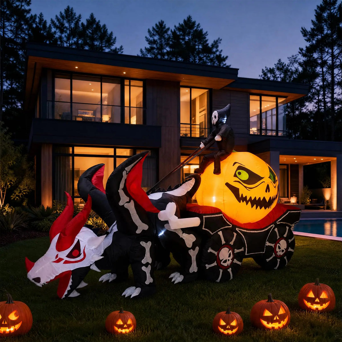 HiMISS Grim Reaper Dragon Carriage Halloween Inflatable Yard Decoration