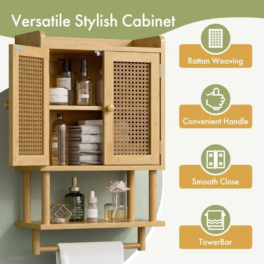 XIUWO Bamboo Bathroom Wall Cabinet With Towel Bar And Storage