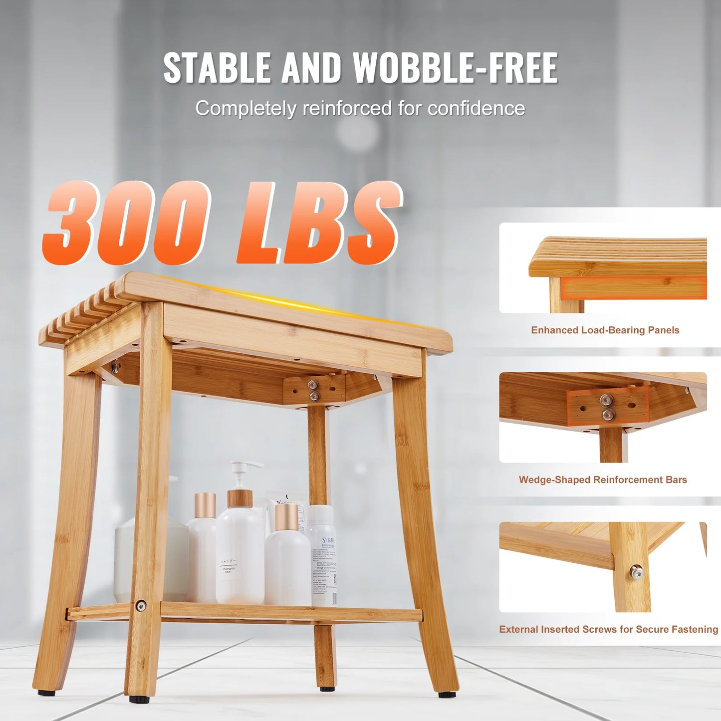 SucceBuy Bamboo Shower Bench With Storage Shelf Waterproof Spa Seat