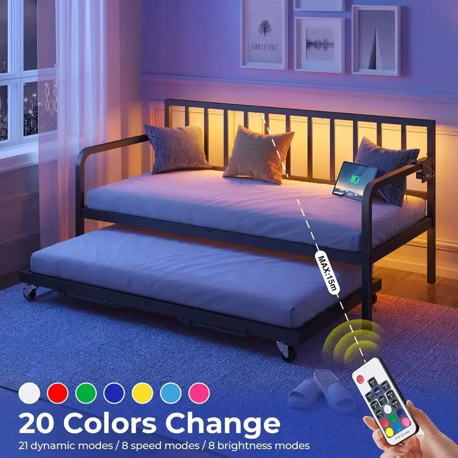 Daybed with Charging Station and LED Lights, Height Adjustable Twin Daybed with Trundle, Metal Sofa Bed Frame with Steel Slat S