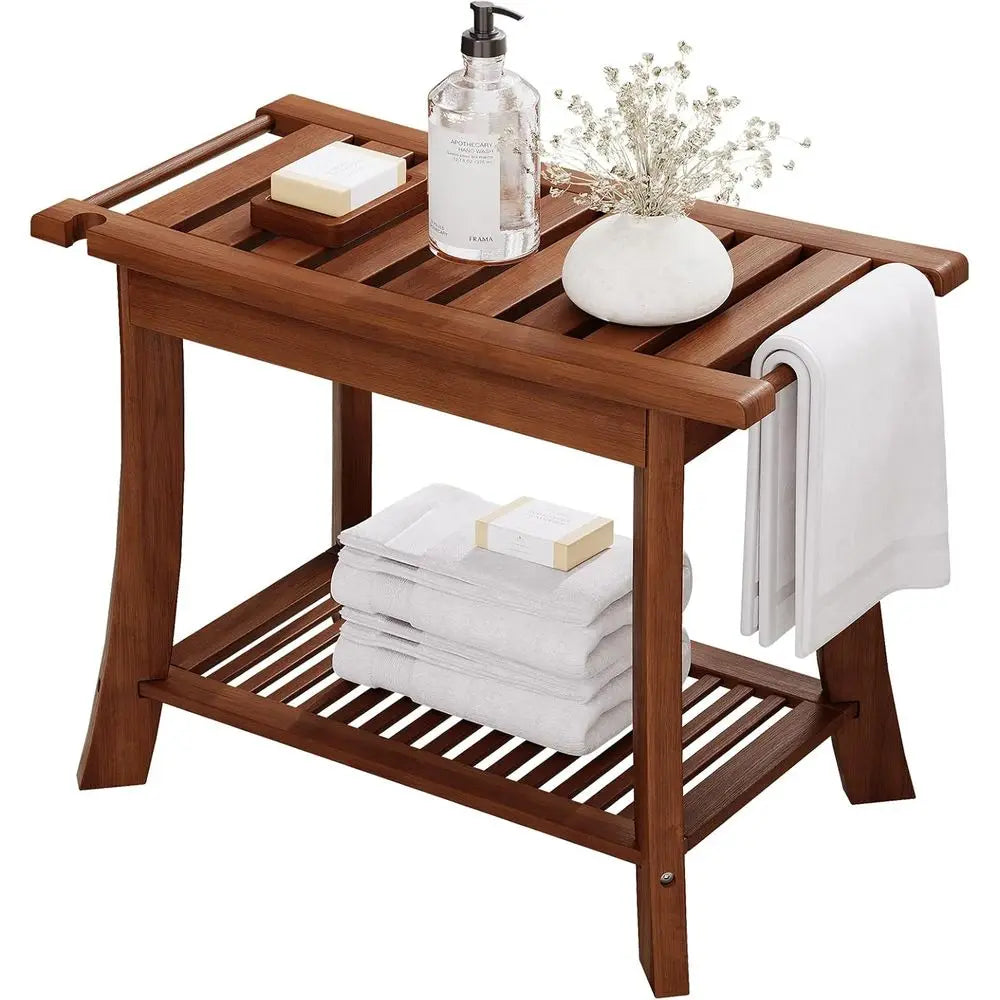 Teak Shower Bench With Storage Shelf And Towel Rack For Indoor Outdoor Baths