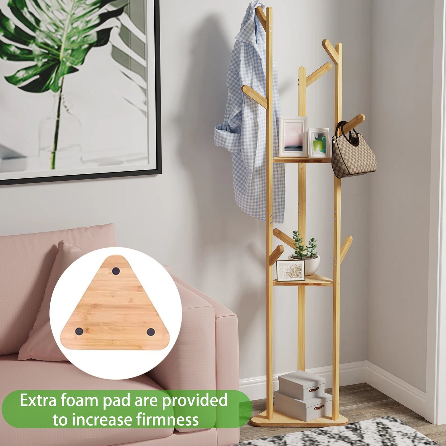 Wisfor Bamboo Corner Coat Rack Stand With Hooks And Shelves