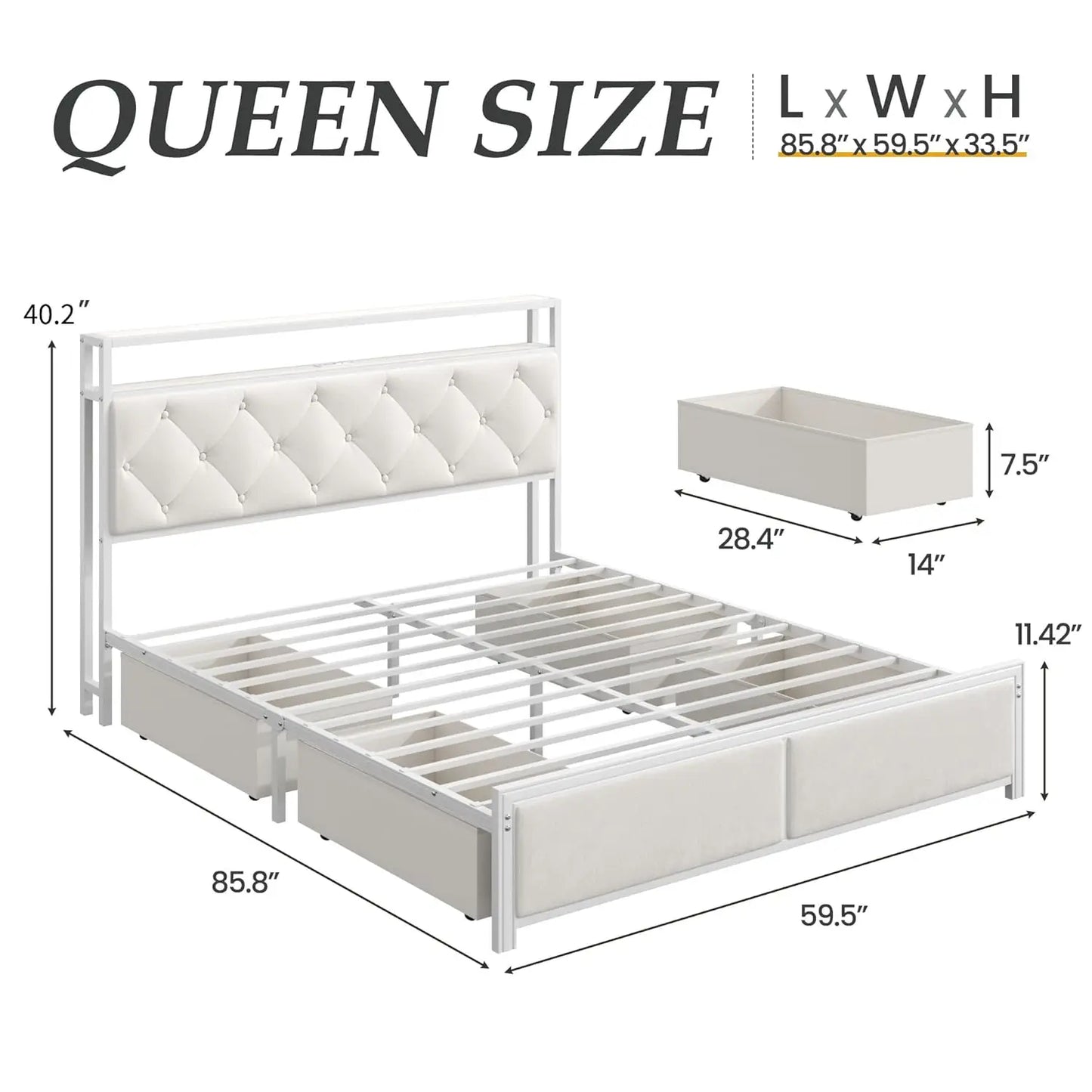 CHENGWEI Bed Frame With Headboard Storage Drawers LED Lights