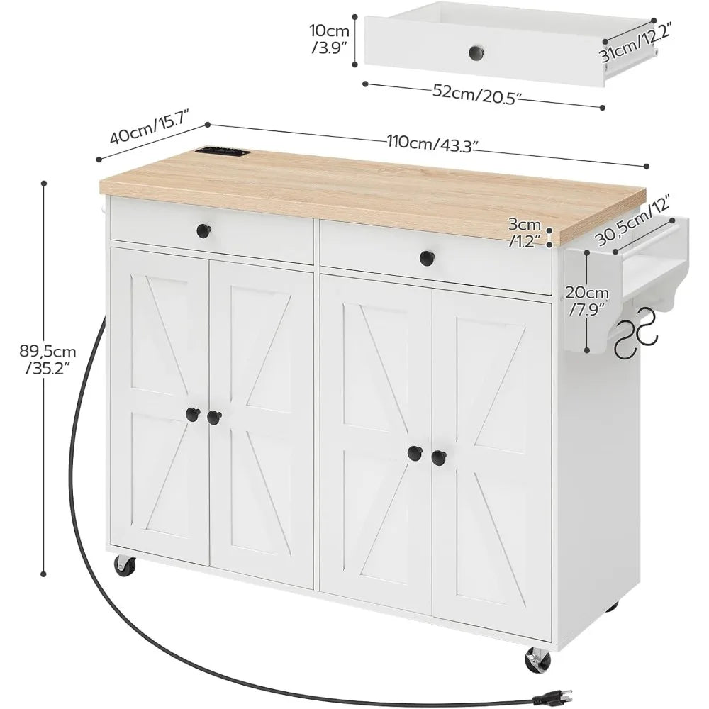 Kitchen Island with Power Outlet,43.3 Rolling Kitchen Island with Storage, Rolling Cart with Spice Rack and Hooks