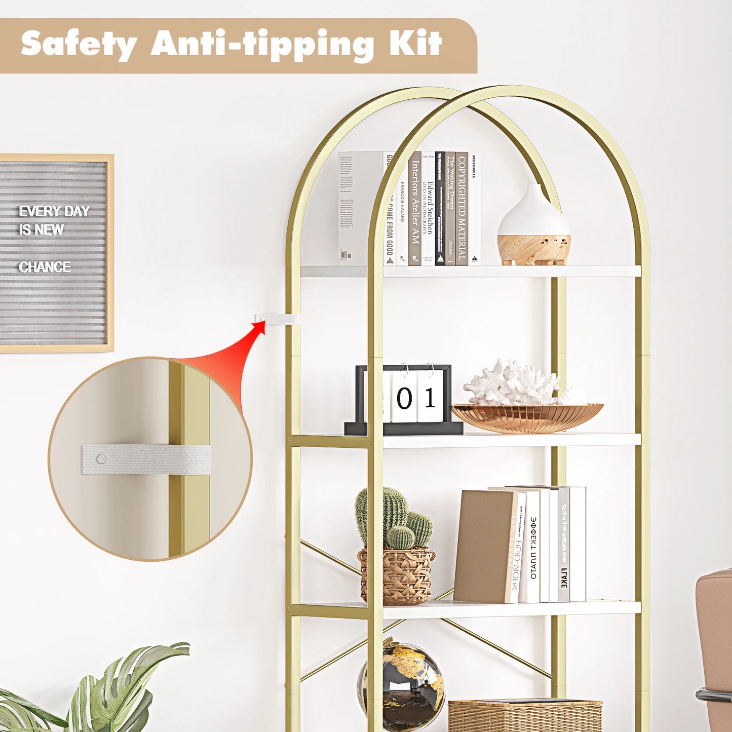 5 Tier Bookshelf Arched Display Shelves Tall Standing Bookshelves Metal Frame Modern Storage Rack Shelf Large Wooden Bookcase