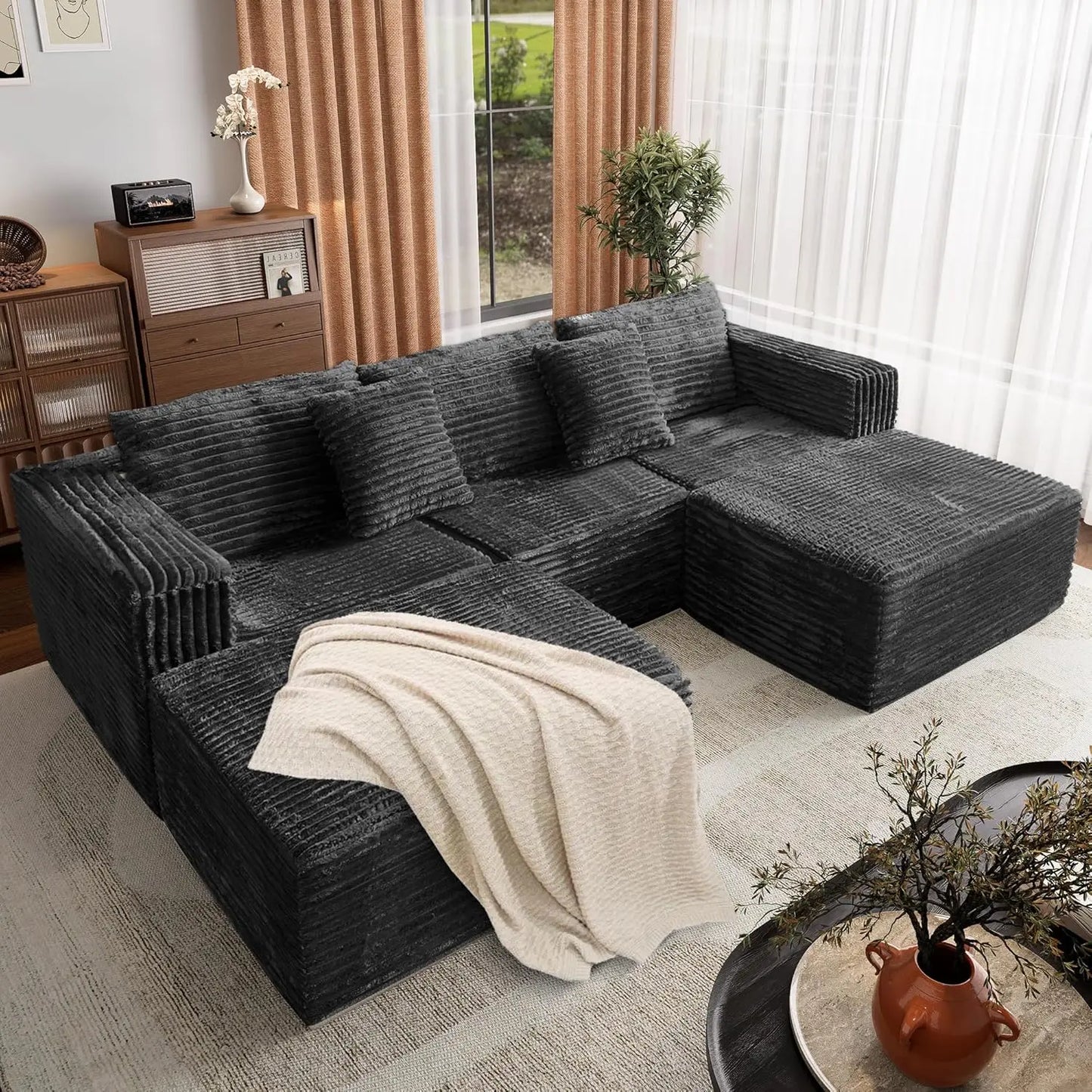 Corduroy Modular Sectional Sofa With Ottomans And Convertible Cloud Couch