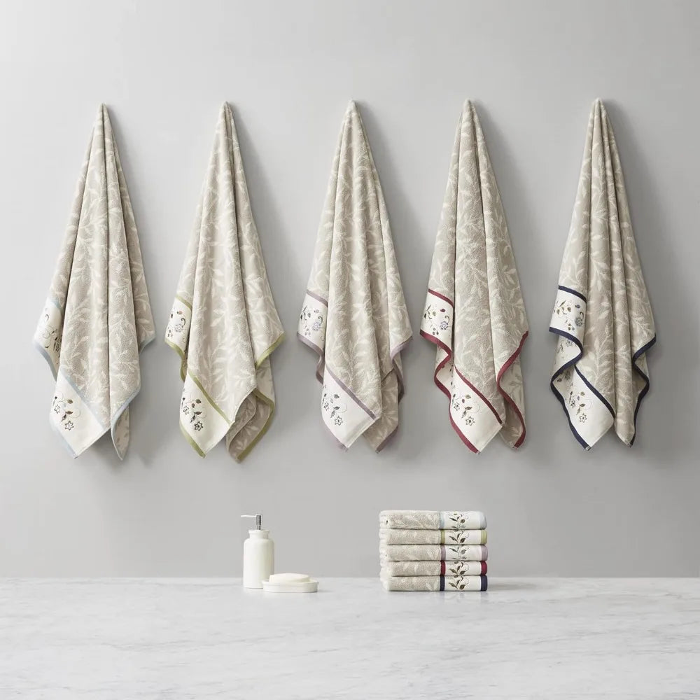 Luxurious Hundred Percent Cotton Bath Towel Set With Floral Embroidery