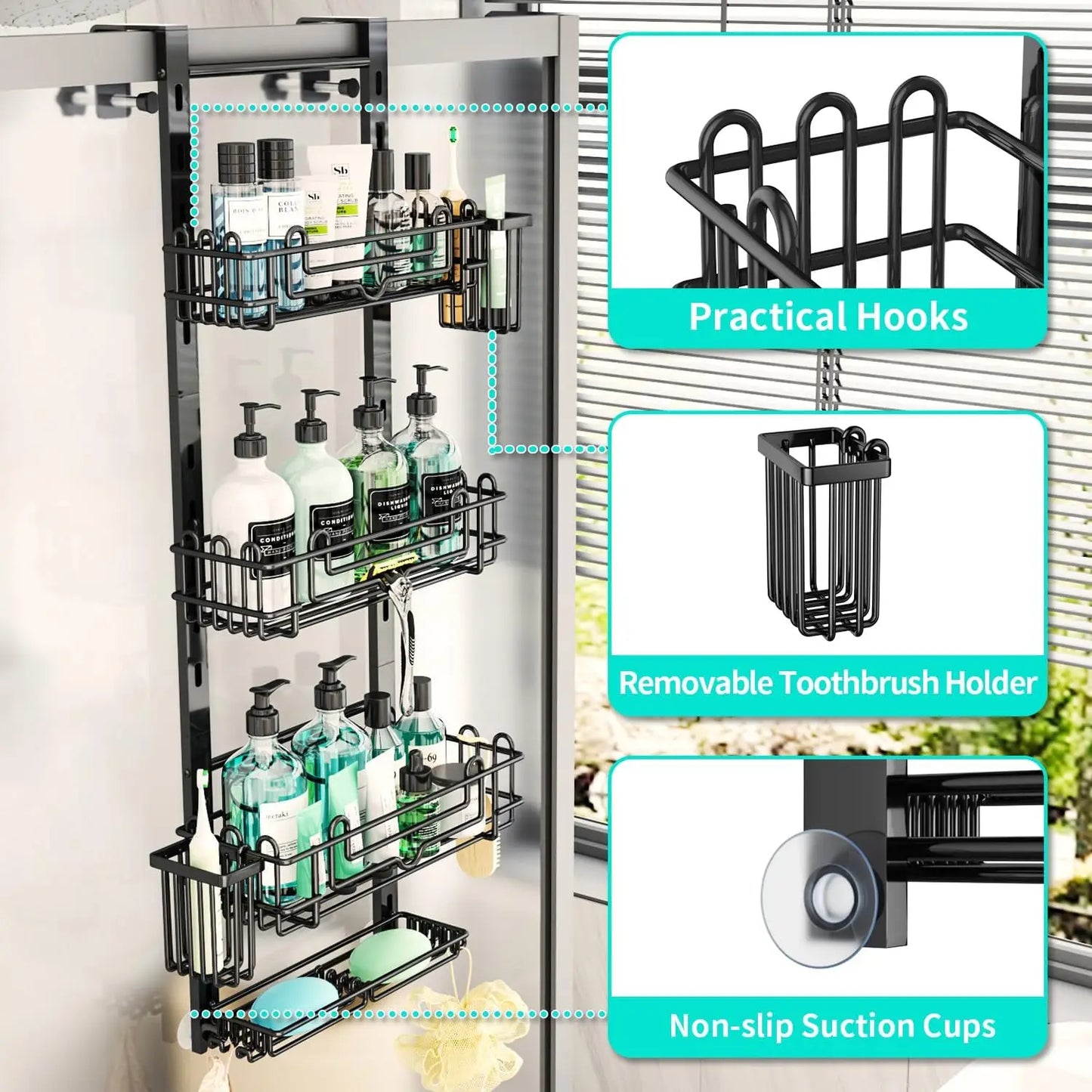 4-Tier Adjustable Over-the-Door Shower Caddy with 22 Hooks, 2 Toothbrush Holders, No Drilling Needed - Black