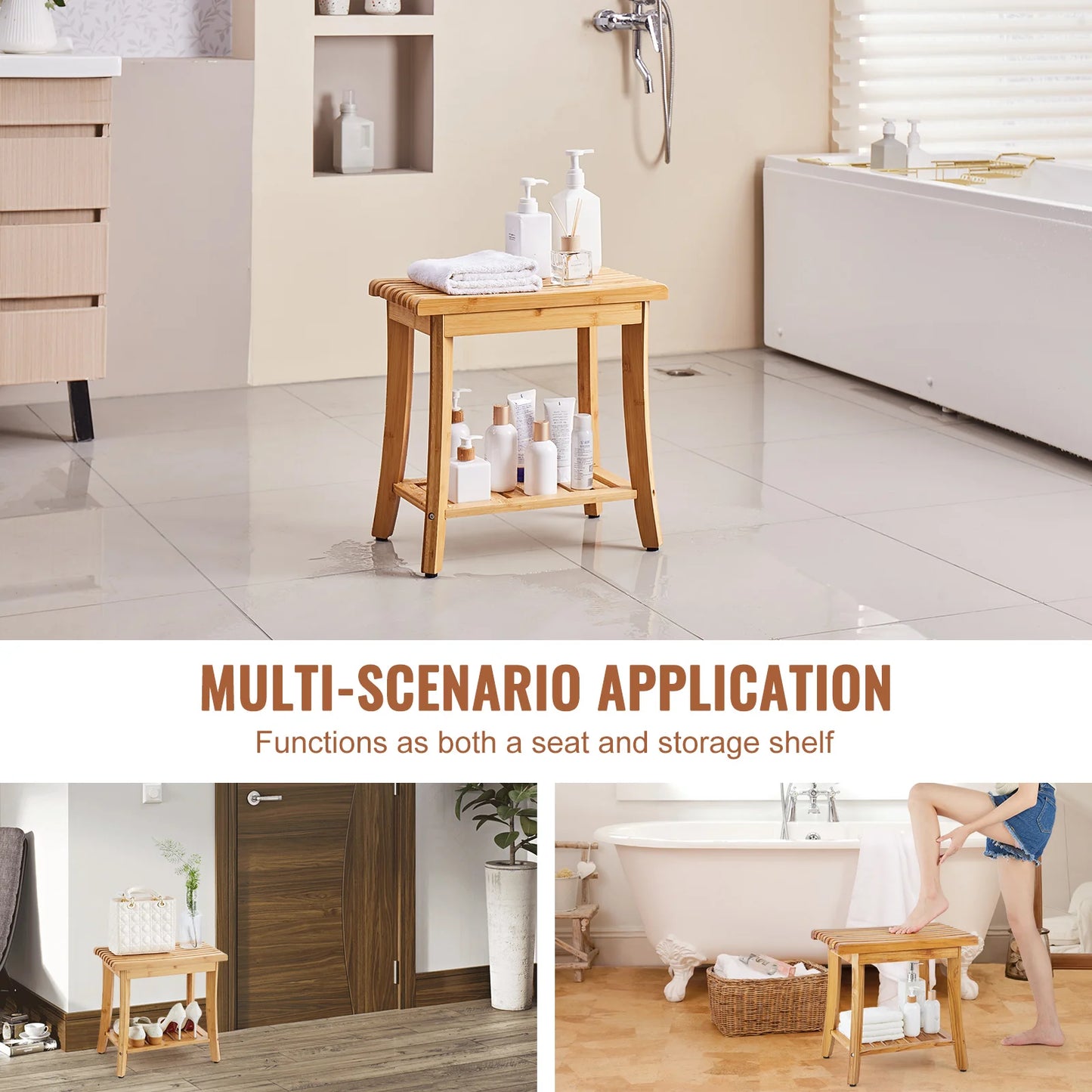 SucceBuy Bamboo Shower Bench With Storage Shelf Waterproof Spa Seat