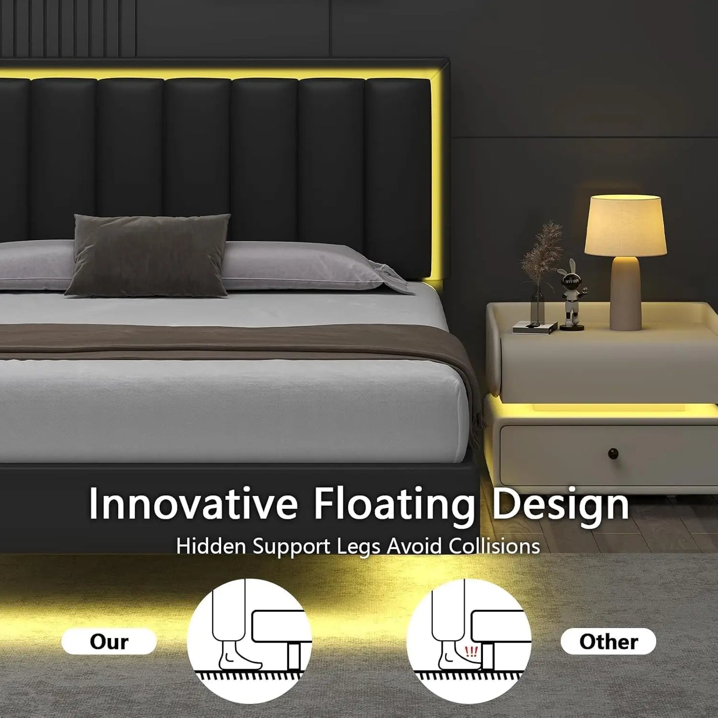 GUANGBAI Floating Bed Frame With LED Lights And Upholstered Headboard