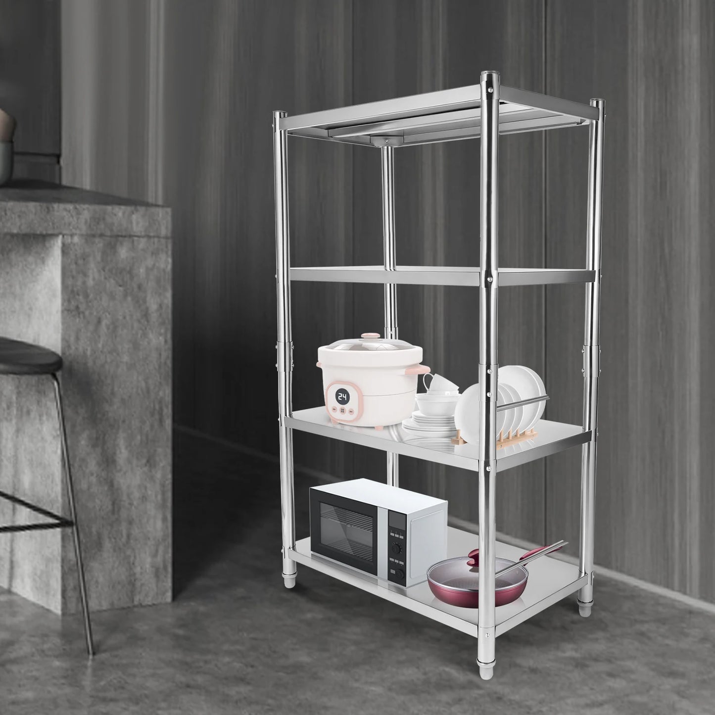 Heavy Duty Stainless Steel Shelving, 4-Tier with 200 lbs Load Capacity per Shelf, Ideal for Organizing Magazines, Beverages, and