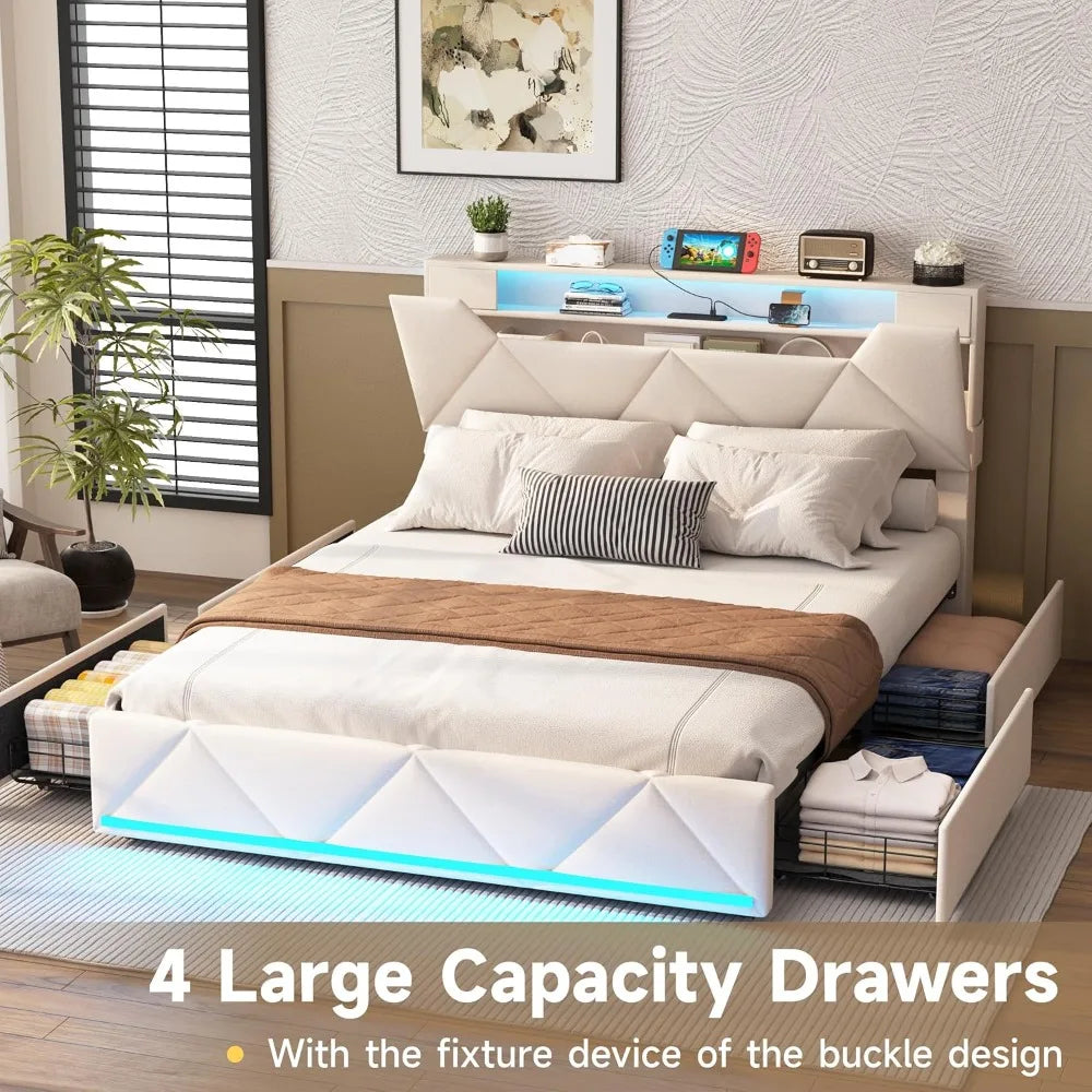 Bed Frame With Storage Drawers, Upholstered Headboard, Charging Station, LED