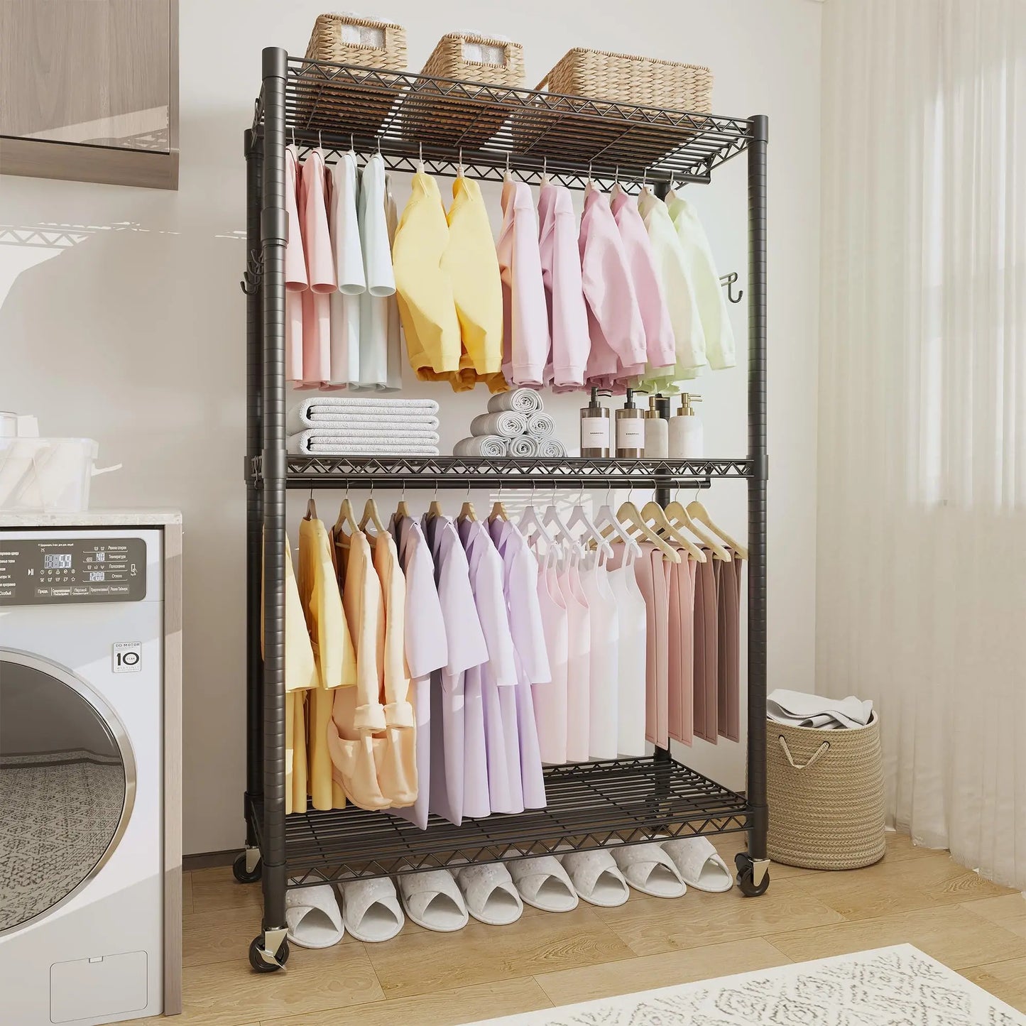 HiMISS 3-Tier Rolling Garment Rack With Adjustable Shelves