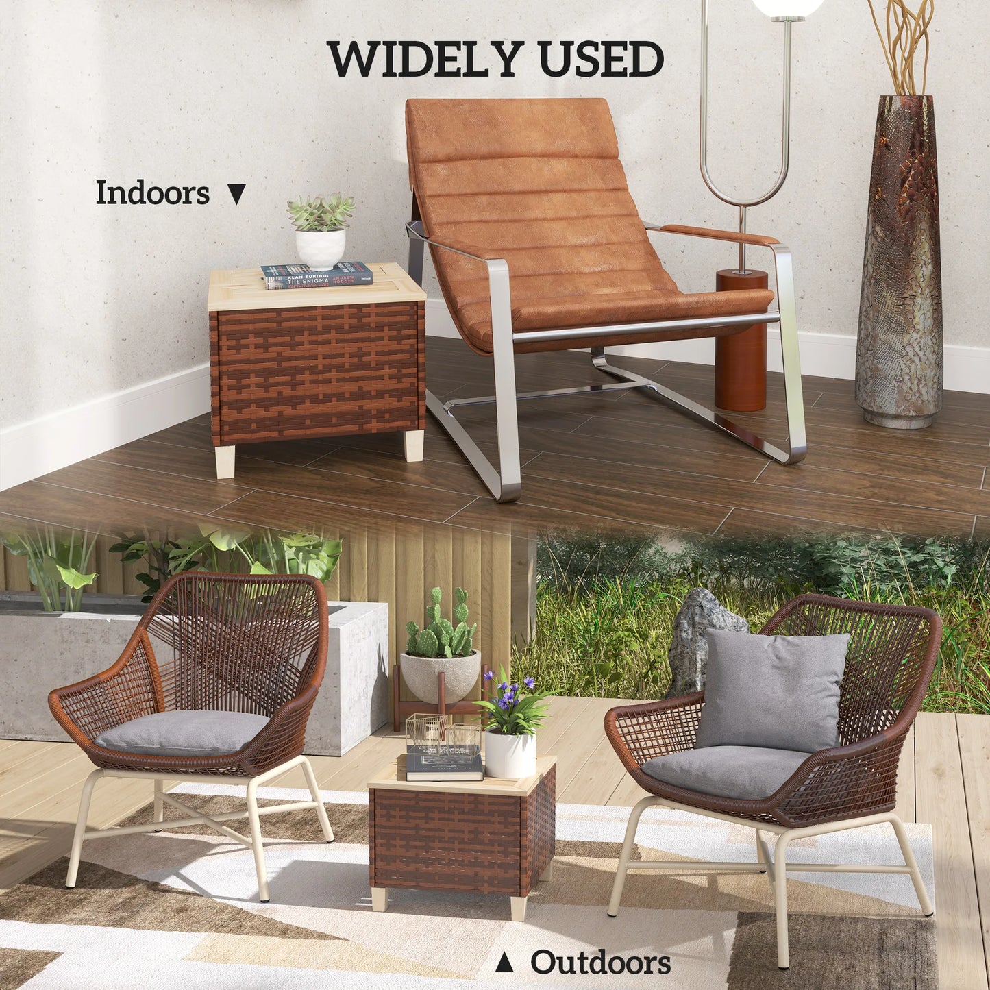 Outdoor Side Table With PE Rattan And Wood Top Patio