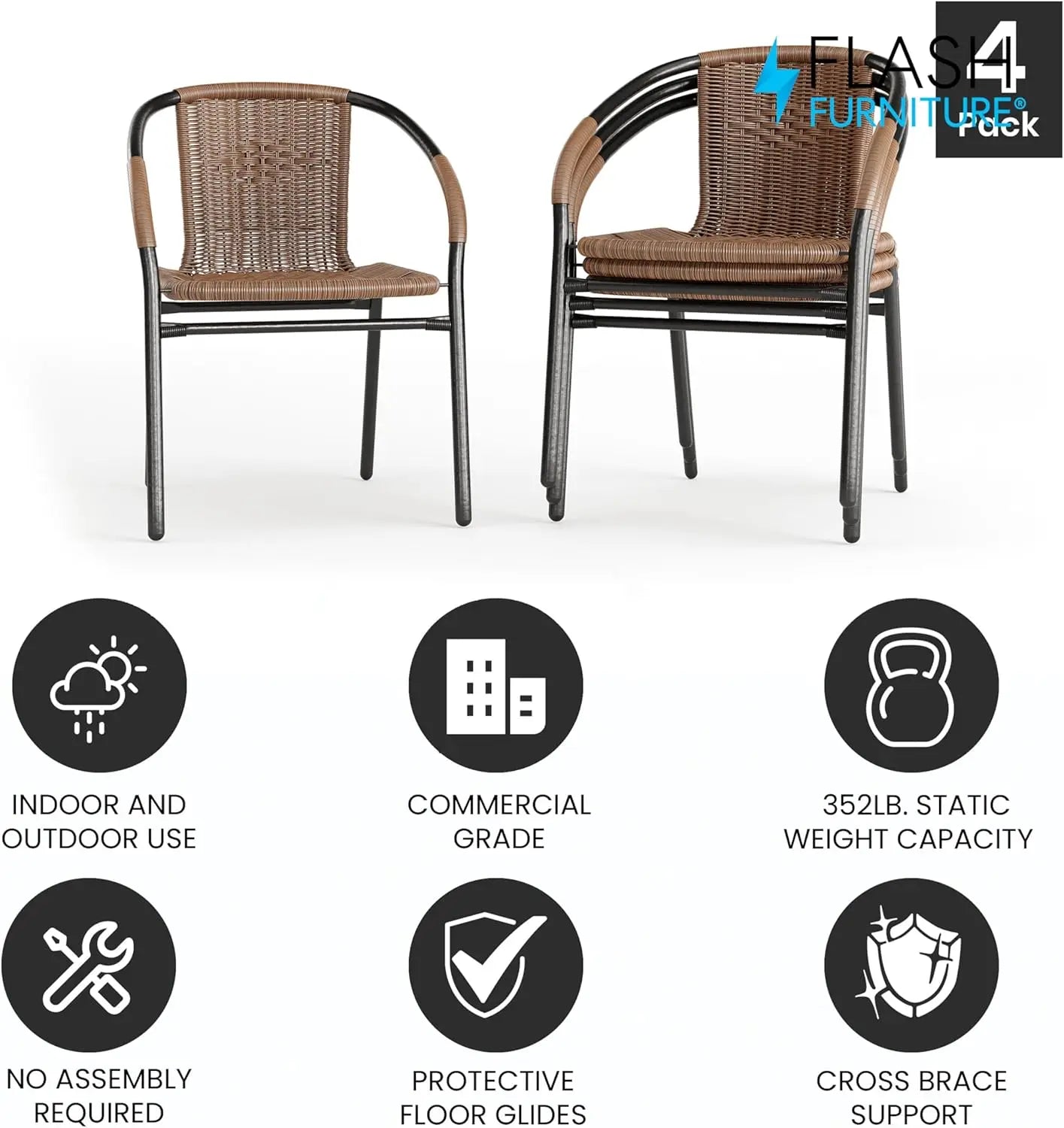 Lila Modern Rattan Indoor/Outdoor Stackable Dining Chairs, Stacking Rattan Bistro Chairs for Patio or Restaurant,Set of 4, Brown