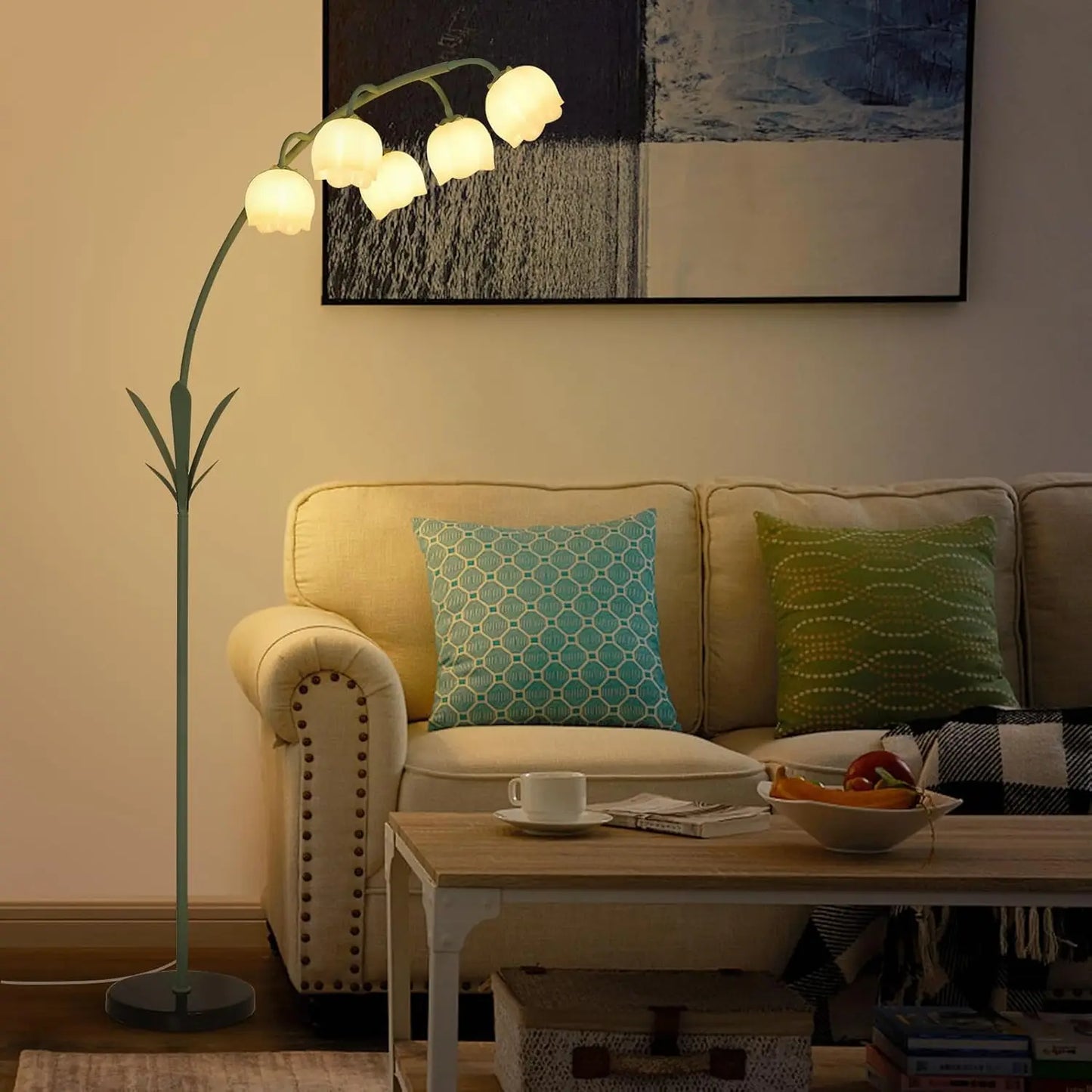 Arc Floor Lamp with 5 G9 LED Bulbs, Foot Switch, Green Floral Design for Living Room Bedroom Corner Reading