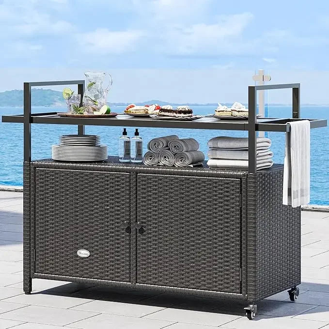 Large Outdoor Kitchen Wicker Island Rolling Cart & Patio Bar Table, w/Wheels and Black Glass Table Top Backyard and Poolside Da