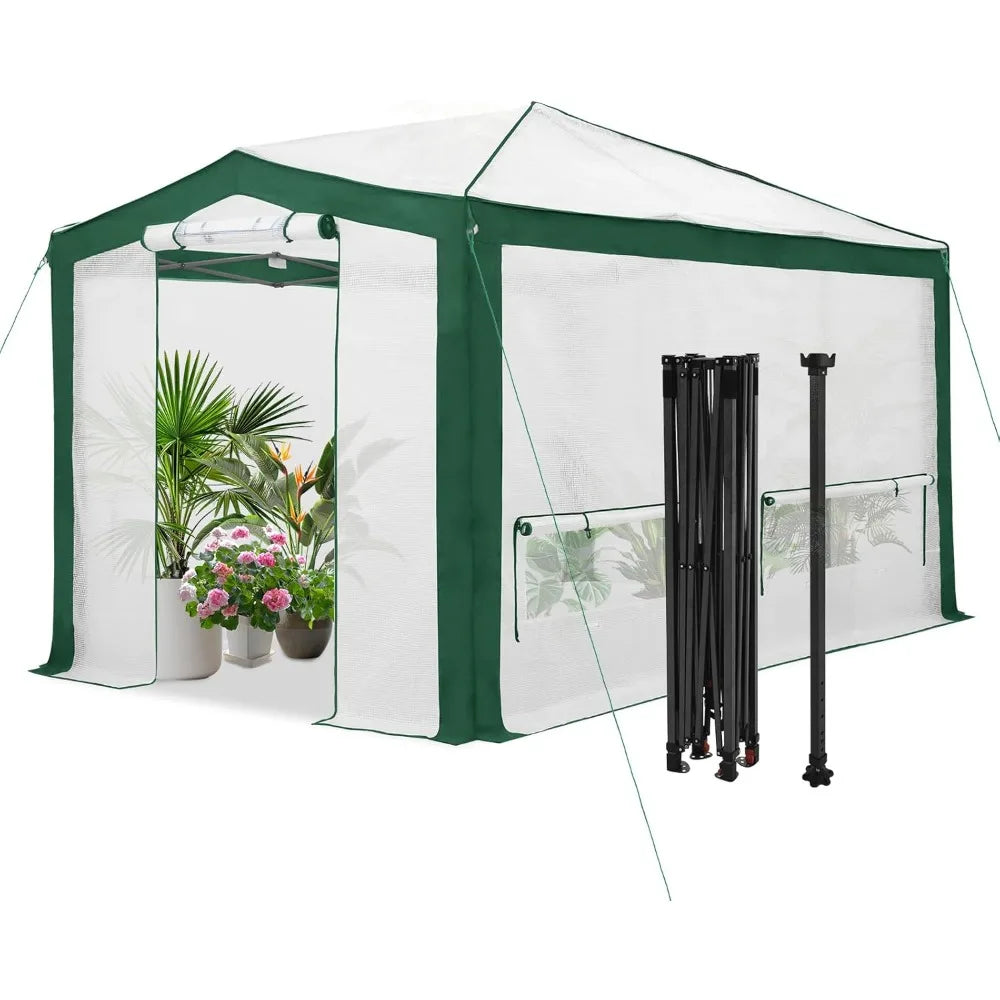 12x8 Portable Walk in Greenhouse with Polyester Reinforced Corners, Instant Pop up Indoor Outdoor Gardening Green