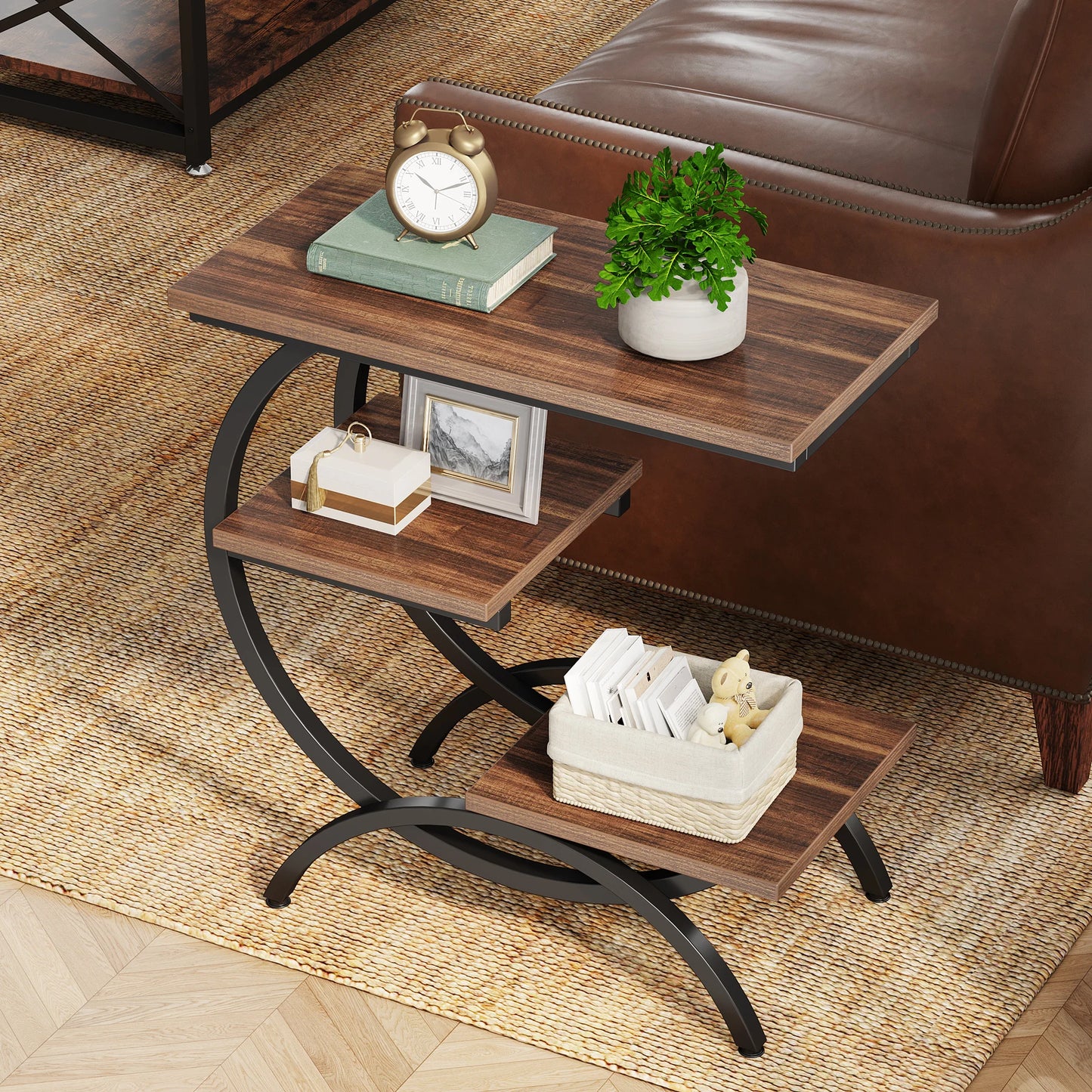 Tribesigns C Shaped End Table With Storage Shelves Modern