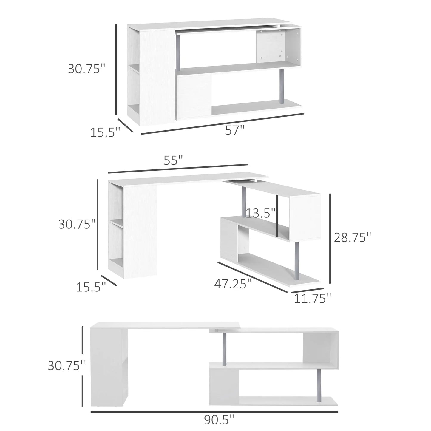 White L Shaped Corner Desk With 3 Tier Shelves