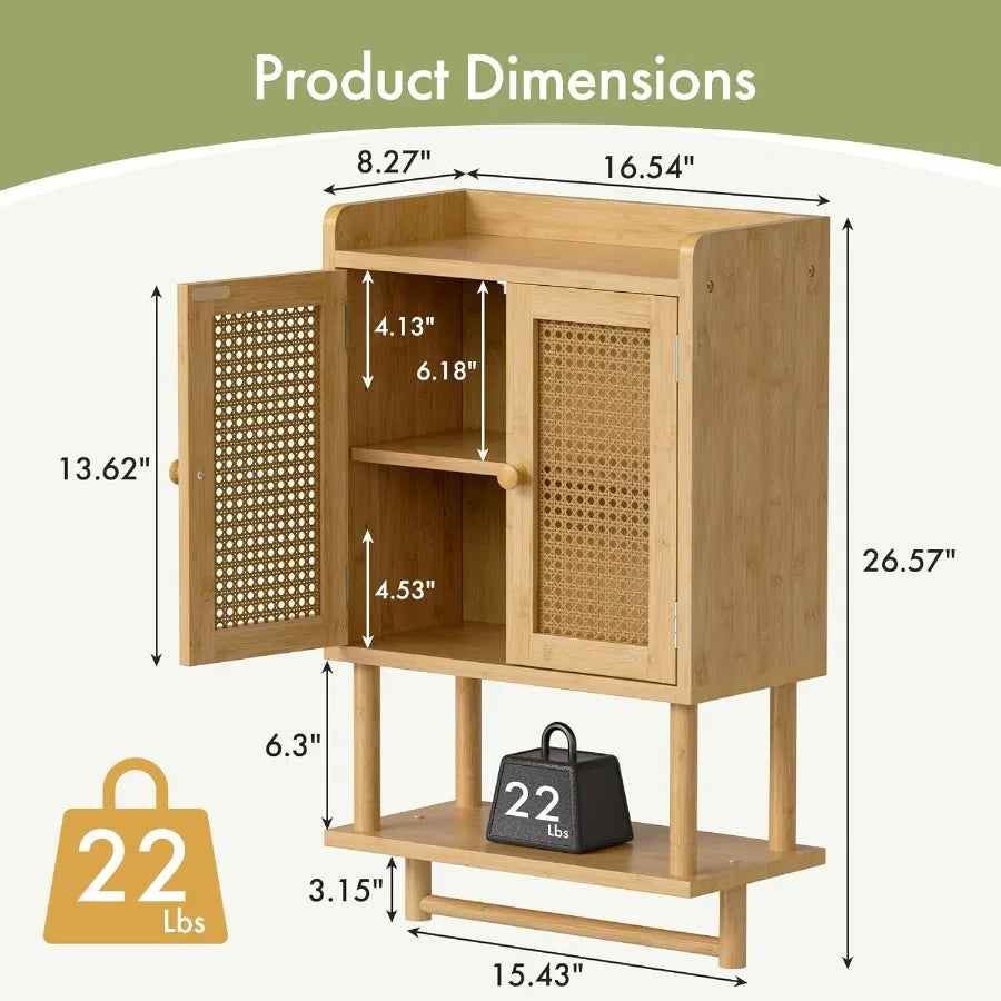 XIUWO Bamboo Bathroom Wall Cabinet With Towel Bar And Storage