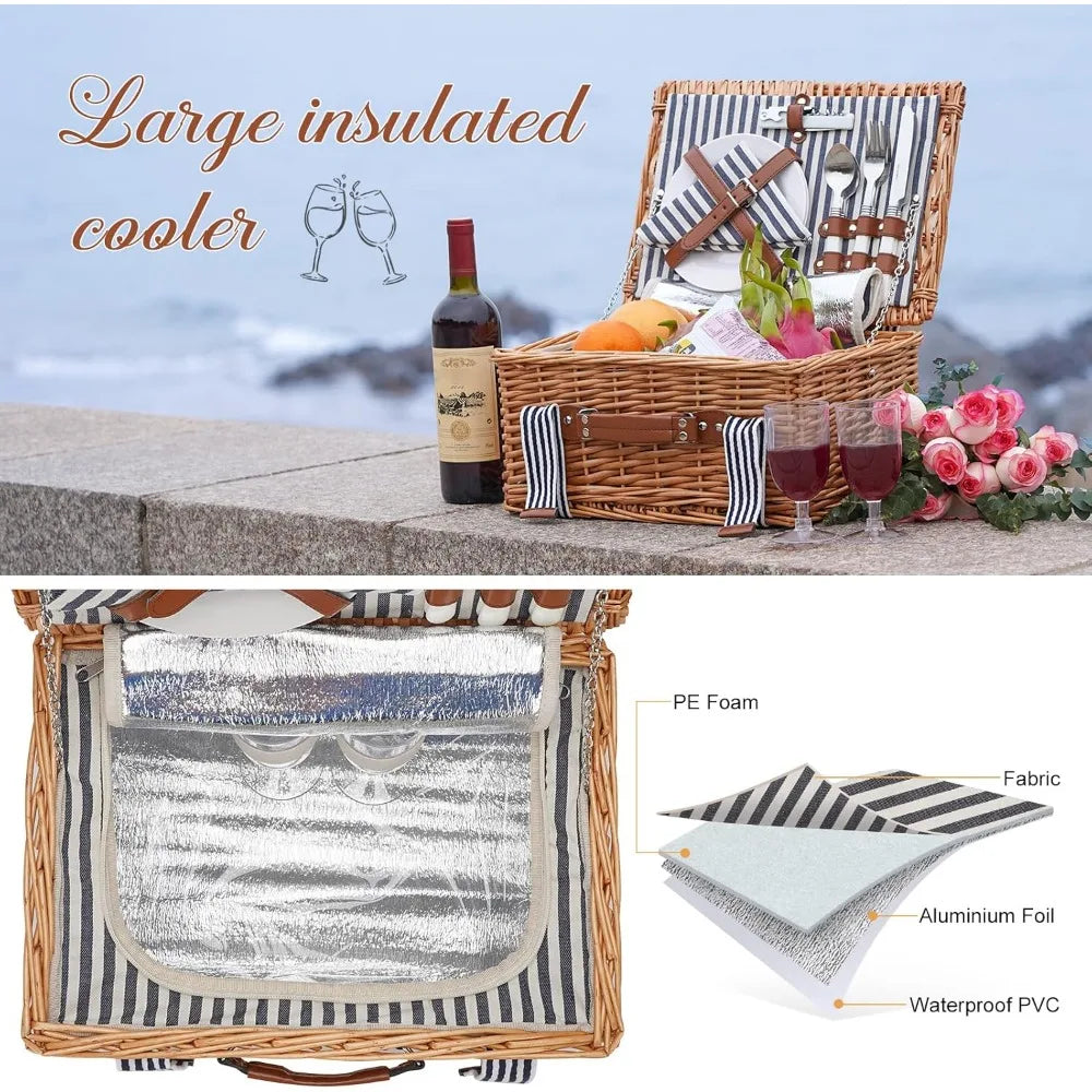 NBVCX Handmade Wicker Picnic Set For Two With Insulated Cooler And Cutlery