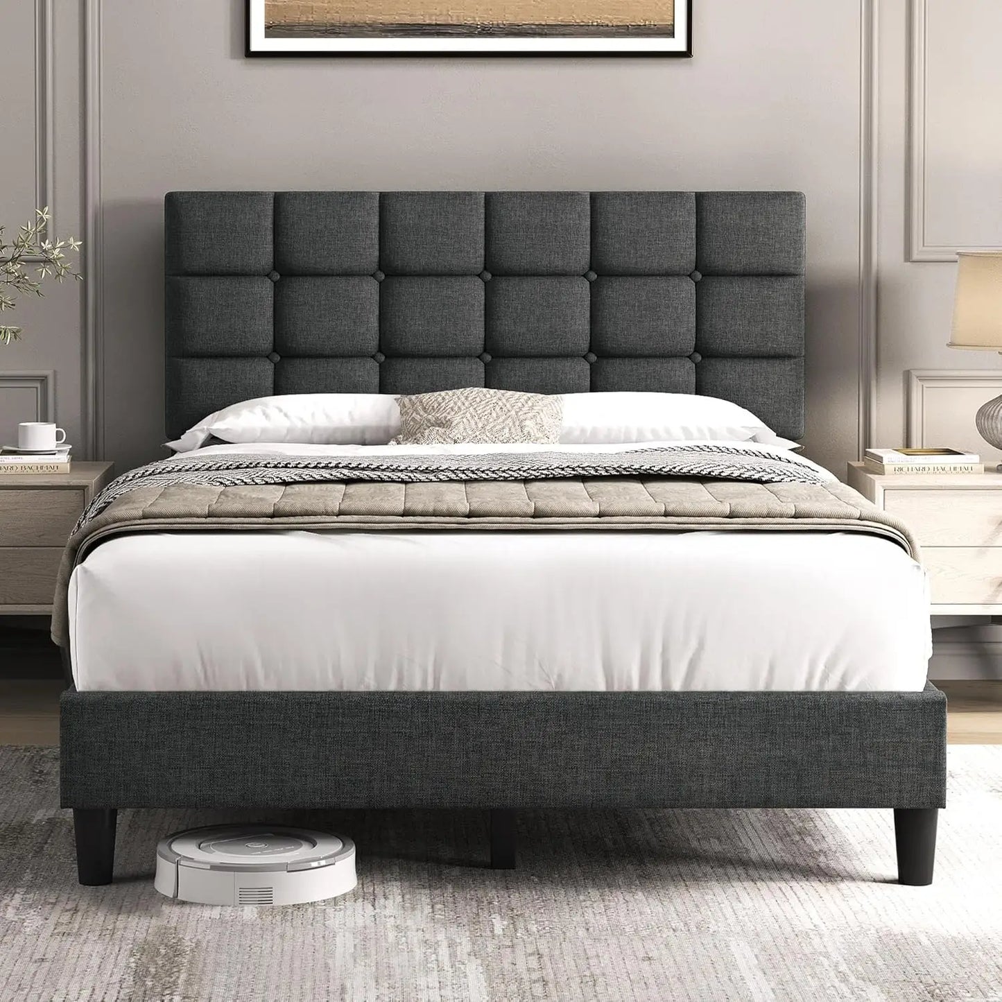 Upholstered Bed Frame With Adjustable Headboard And Square Tufting