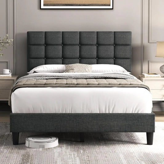 Upholstered Bed Frame With Adjustable Headboard And Square Tufting