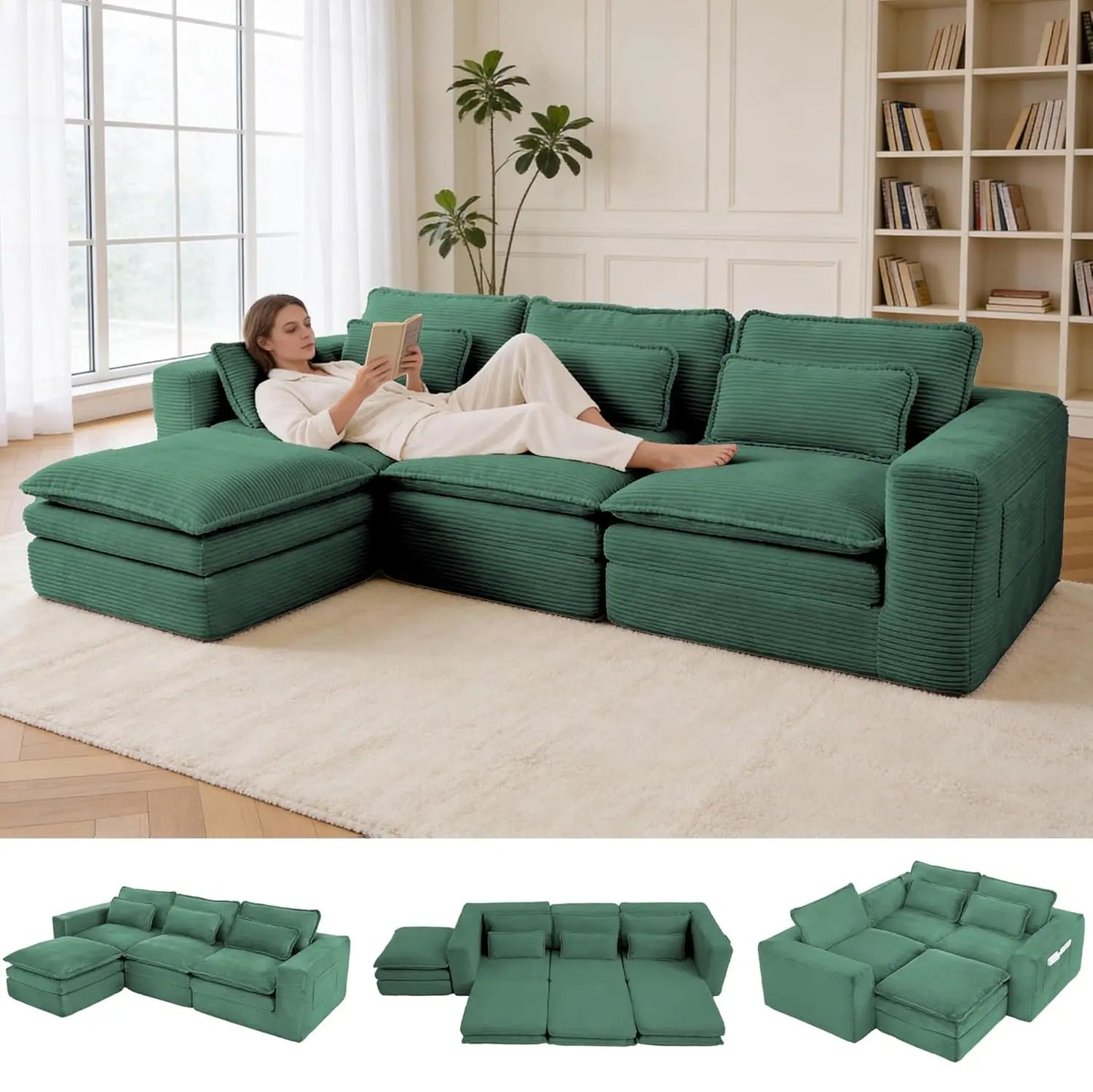 BIANXIANG L-Shape Modular Sectional Sofa With Ottoman Pull-Out