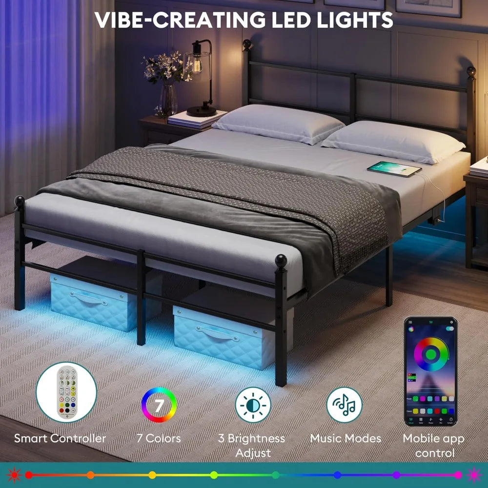 Full Size Bed Frame with LED Lights, Charging Station & Under Bed Storage - Heavy Duty Metal Platform, Easy Assembly, Black