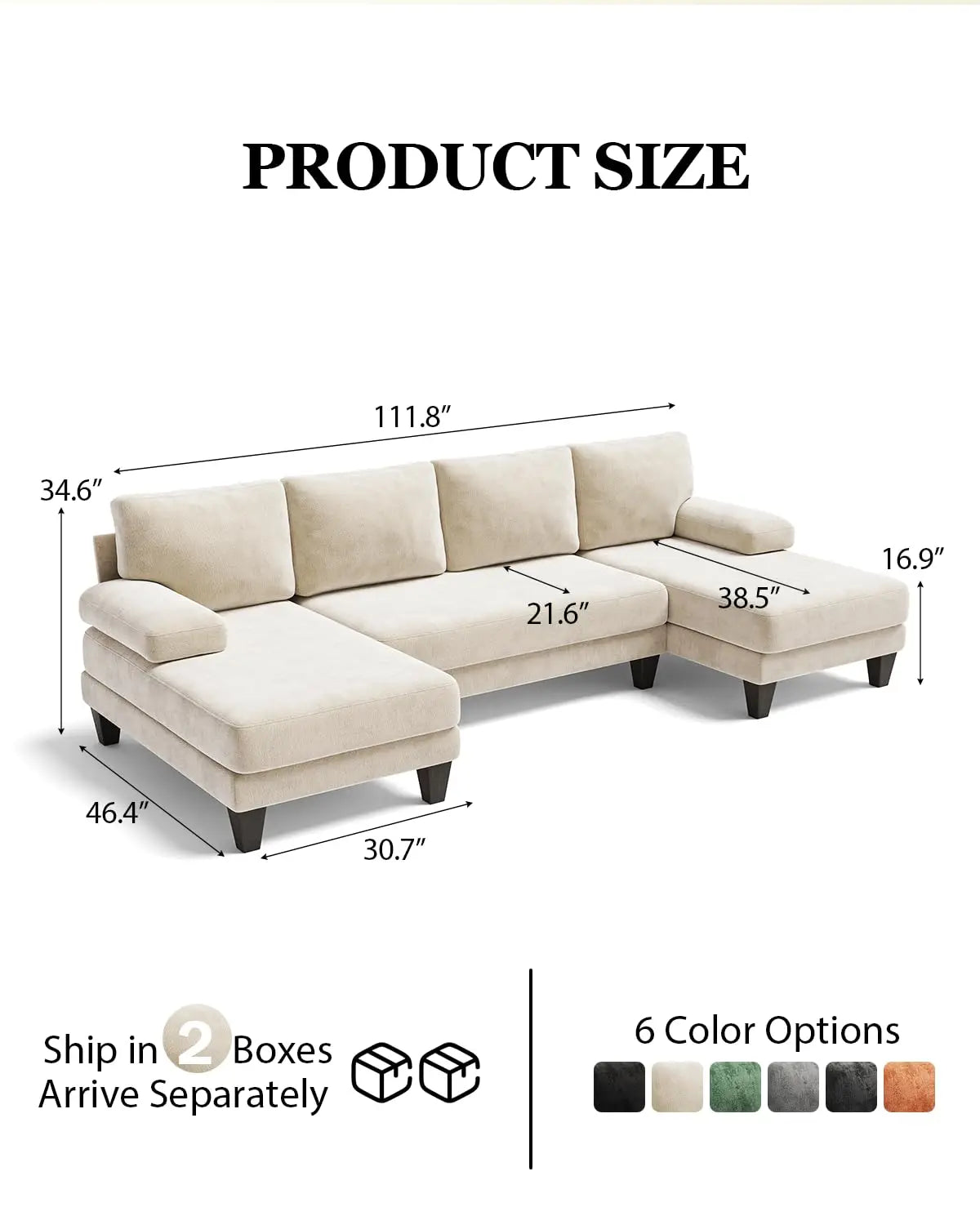 U-Shaped Sectional Sofa For Living Room In Warm Chenille Fabric