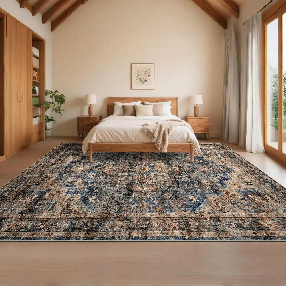 Vintage Living Room Area Rug: Machine Washable, Non-Slip, Stain Resistant Carpet for Indoor, Bedroom, Dining Room - Blue & Brown