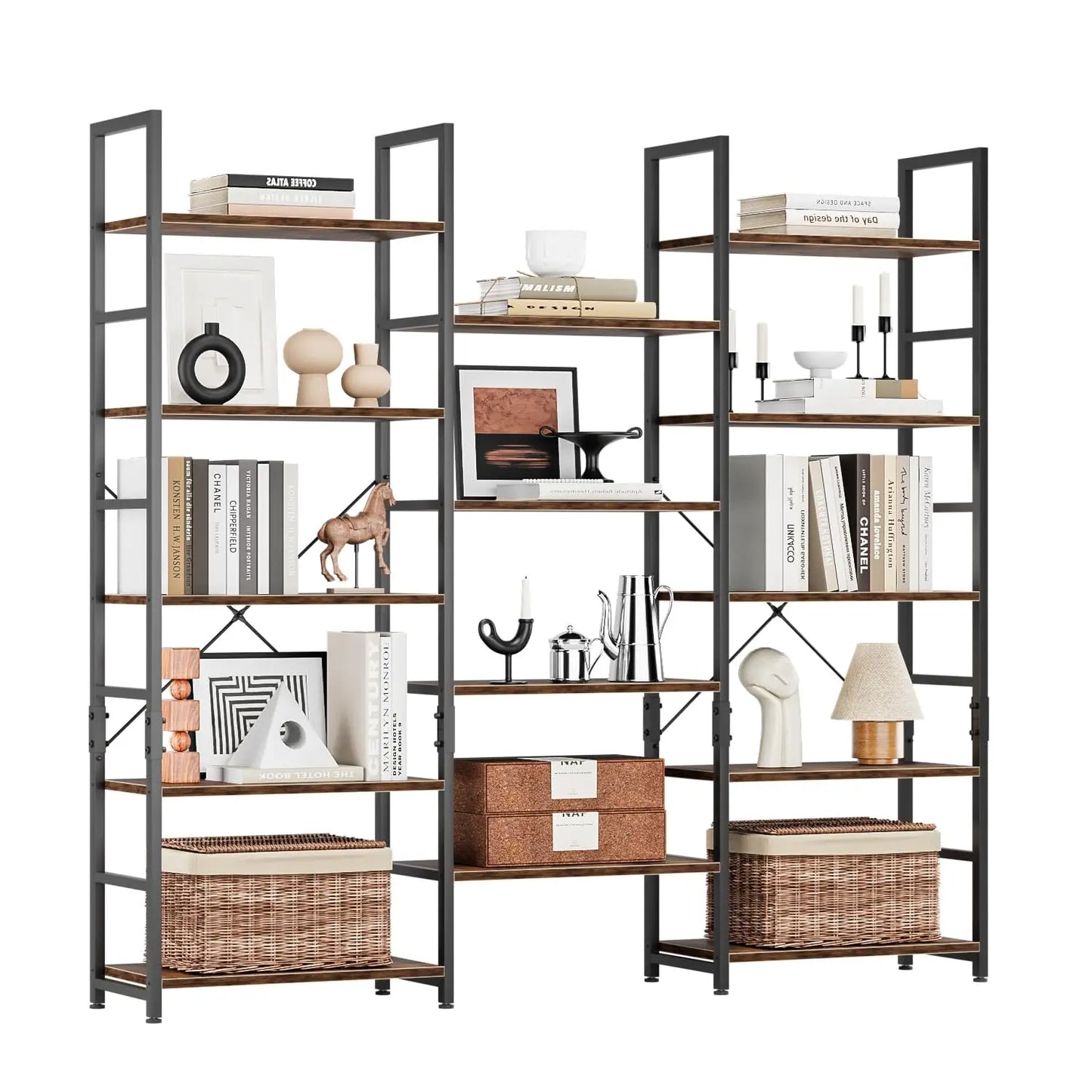 Wide 5 Tier Triple Bookshelf With 14 Open Display Shelves