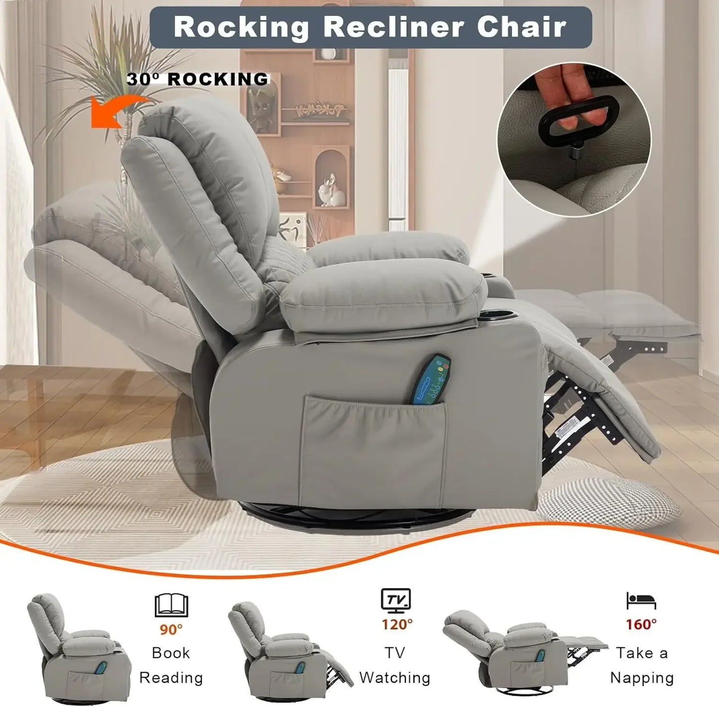 Overstuffed Massage Rocker Recliner Chair With Heat Faux Leather