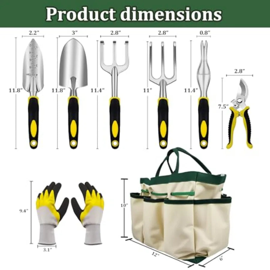 8Piece Garden Tools Set for Gardening Aluminum Alloy Heavy Duty Kit with Storage Tote Bag Ergonomic Rubber Grip Ideal for Indoo
